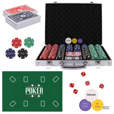 Obrázek produktu pro Pokerová sada 500 žetonů ve čtyřech nominálních hodnotách, hliníkový kufřík na poker, 2 balíčky karet, 5 kostek, herní plachta, kufřík na pokerovou sadu