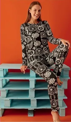 Produktbild von Damen Pyjama Schlafanzug Schwarz XL Viskose Lang Warm 2-Teiler Set S-99