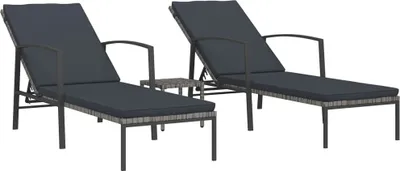 Image de vidaXL Bains de soleil 2 pcs. avec table Poly rotin gris