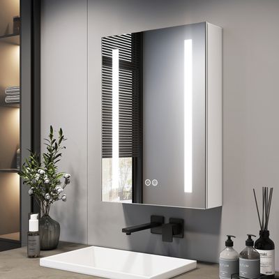 Szafka z lustrem EMKE z oświetleniem LED 500 x 700 x 145 mm z funkcją przeciwmgielną i 3 ściemnianymi kolorami światła, 1-drzwiowa szafka łazienkowa z gniazdem i przełącznikiem dotykowym
