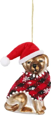 Produktbild von Christbaumschmuck Glas Hund im Weihnachtskostüm 9cm braun / rot