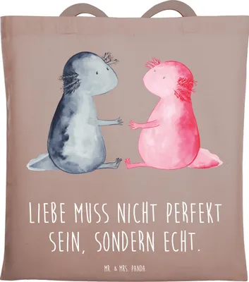 Produktbild von Mr. & Mrs. Panda Schultasche Axolotl Liebe - Braun Pastell - Geschenk, festivaltasche, Valentinstag, Tote Bag, Beutel, Jutebeutel, Tasche, Laptoptasche