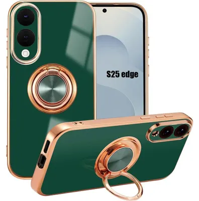 Image de Coque pour Samsung Galaxy S25 Edge, Protection Antichoc Anti-Rayures Slim avec Anneau Rotatif - Vert Nuit