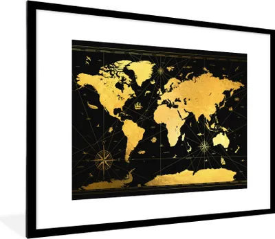 Produktbild von MuchoWow® Gerahmtes Poster Weltkarte - Luxus - Gold 80x60 cm - Poster mit Schwarzem Bilderrahmen Wandposter Rahmen Foto Bilder - Schlafzimmer-Dekorationen - Fotoposter