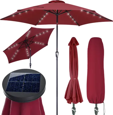 Produktbild von Deuba Sonnenschirm Rot 300cm Ø LED Solar-Beleuchtung UV-Schutz 80+ Kurbelfunktion Neigbar inkl. Schutzhülle Alu/Polyester 2-teiliger Mast für 38mm Ø Stange