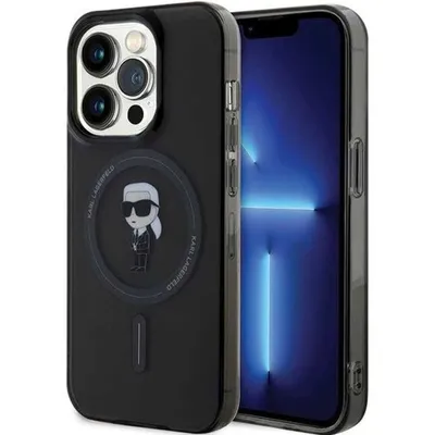 A black Karl Lagerfeld iPhone 14 Pro case with a Magsafe ring and a graphic of Karl Lagerfeld is shown next to an iPhone.