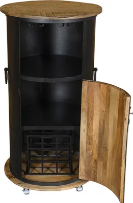 A cylindrical wine bar with a wooden top and a curved wooden door, shown with the door open.