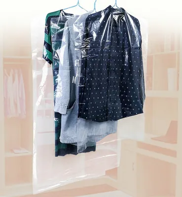 Clothes hanging in protective plastic covers inside a closet.