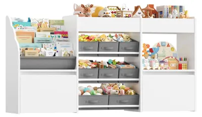 Produktbild von Kinderregal - Bücherregal auf Rollen - 8 Aufbewahrungsboxen - Holz - Für Kinderzimmer - Weiß