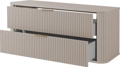 A modern, wall-mounted bathroom cabinet with two drawers.