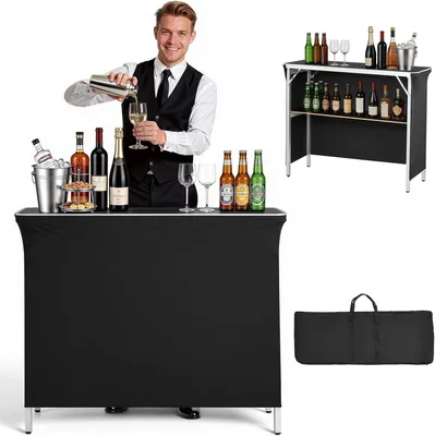 Produktbild von Klappbare Messetheke 1100x385x885 mm mit Tragetasche, Ablagefach und Stoffverkleidung – mobile Empfangstheke für Messen, Veranstaltungen und Partys