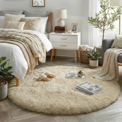 Image de Tapis rond beige, 1,2 mètre de diamètre, à poils longs et moelleux, lavable en machine, idéal pour les chambres d'enfants et les salons