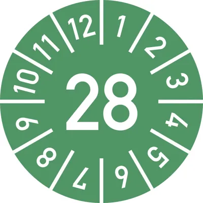 Produktbild von Dreifke® Prüfplakette Jahr 28 mit Monaten, grün, Dokumentenfolie, Ø 25 mm, 10...