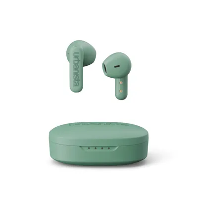 A pair of green true wireless earbuds and their charging case are displayed against a white background.