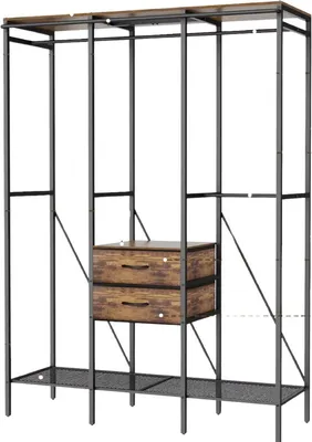 Produktbild von Elegance XXL Kleiderständer mit Gardine – Industriekleiderregal – Metall , MDF – Mit Aufbewahrungsfächern – 149,5x50x214 cm – Braun/Schwarz