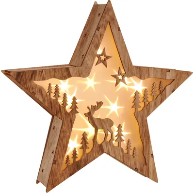 Produktbild von Weihnachtsstern Beleuchtet 10 warmweiße LEDs Weihnachtsbeleuchtung Weihnachtsdeko Innen Weihnachten Holzstern mit Winterkulisse Fensterdekoration zum Stellen batteriebetrieben ca. 30 x 6 x 30 cm