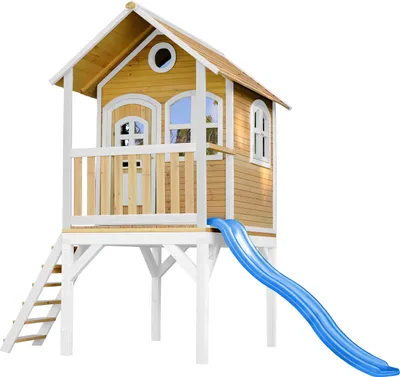 Immagine prodotto di AXI Laura Casa Bambini con pavimento e scivolo blu | Casetta da gioco per giardino / esterno in marrone e bianca in legno  | Parco giochi per bambini