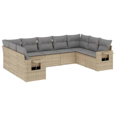 Produktbild von Modulares Gartenmöbel-Set, 9-tlg. Loungesofa mit Stauraum, Poly Rattan Beige, UV-beständig, abnehmbare Kissen Hellgrau