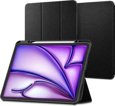A black tablet case is shown in front of a white background, with the tablet screen displaying a purple abstract image. Another black tablet case is visible in the background.