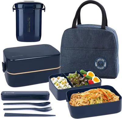 Immagine prodotto di contenitore per il pranzo bento box a 2 strati - Lunchtas - scomparti regolabili - bambini adulti - contenitori per alimenti a prova di perdite - scuola lavoro