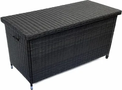 A dark brown polyrattan storage box with a lid, shown from a slightly elevated angle against a white background.