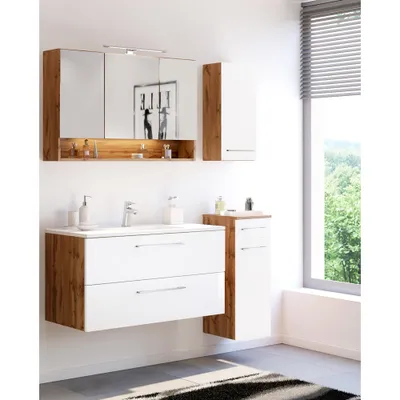 Produktbild von Badezimmer Set 4-tlg. inkl. LED-Aufbauleuchte und Mineralgussbecken LOUNY-03 in Wotaneiche Nb. mit matt weiß, B/H/T: ca. 150/200/48 cm