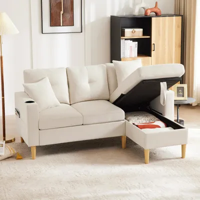 Image de OKWISH Canapé d’angle avec méridienne, espace de rangement et porte-gobelets intégré, canapé relax 3 places avec 2 coussins pour salon, bureau ou appartement, beige