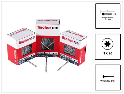 Produktbild von Fischer Power-Fast II FPF II Spanplattenschraube 4,0x50 mm 200 Stück ( 670240 ) Pan Head mit Torx Vollgewinde galvanisch verzinkt, blau passiviert