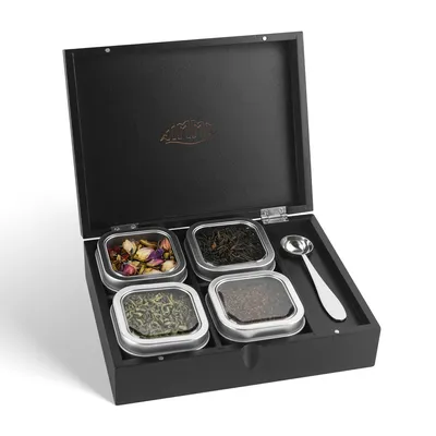 Produktbild von Nimma Teebox aus Bambus mit 4 Teedosen & Dosierlöffel – Teekiste mit Plexiglas-Deckel & Magnetverschluss für losen Tee