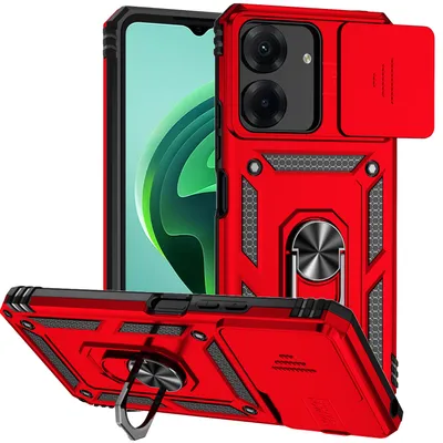 Produktbild von Pouzdro pro Xiaomi Redmi 13C /Poco C65 dvouvrstvé pouzdro s posuvným krytem kamery a prstencovým stojánkem červené