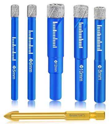 Immagine prodotto di Punte diamantate Surfou, set di punte per piastrelle da 5, 6, 8, 10, 12 mm per piastrelle in gres fine diamantato e punte per metallo da 6 mm, punte per vetro per granito ceramico, vetro, porcellana, muratura, marmo