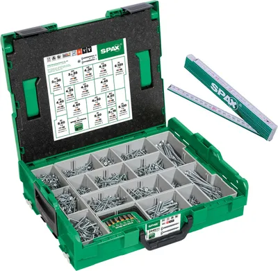 Produktbild von SPAX Montagekoffer, L-BOXX, groß, WIROX A9J, T-STAR plus, Senkkopf, 16 Abmessungen, 2446 Stück, inkl. SPAX BITcheck und SPAX Zollstock