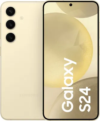 A Samsung Galaxy S24 smartphone in Amber Yellow is shown from the back and front.
