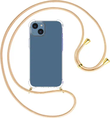 Produktbild von Handykette Backcover-Schutzhülle mit Band (Metall goldfarben) für Apple iPhone 15 - Goldkordel