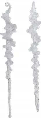 Two white, glittery, icicle-shaped Christmas ornaments against a white background.