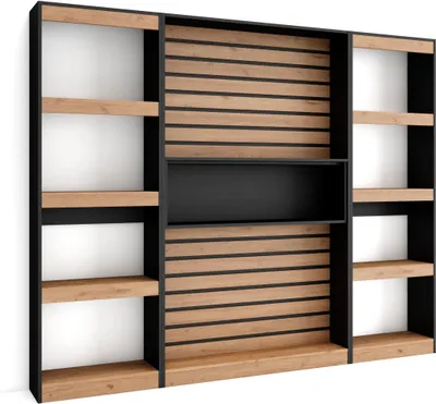 A modern, multi-compartment bookshelf with a wood-grain finish and black accents, presented against a white background.