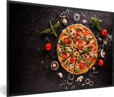 Produktbild von MuchoWow® Gerahmtes Poster Pizza - Gemüse - Kräuter - Küche - Industrie 30x20 cm - Poster mit Schwarzem Bilderrahmen Wandposter Rahmen Foto Bilder - Kunstdruck - Bild-Poster