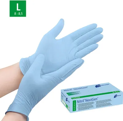 A pair of light blue disposable nitrile gloves is shown, with a box of the same gloves in the lower right corner. A size indicator is in the upper left corner.