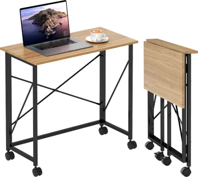 A foldable desk with a laptop and a cup of coffee on it, shown in both open and folded states.