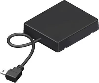 A black electronic device with a cable and connector.