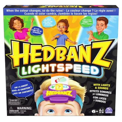 The image shows the packaging of the Hedbanz Lightspeed board game, featuring cartoon illustrations of children playing the game and the game's logo and title prominently displayed.