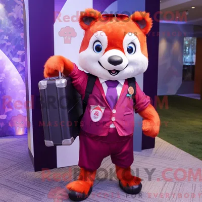 Produktbild von Maskottchenfigur REDBROKOLY eines lila roten Pandas mit Kleid und Aktentasche