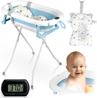 Obrázok produktu pre Skladacia vaňa pre deti, dojčatá s rámom, teplomerom a vložkou Ricokids RK-287 biela a modrá