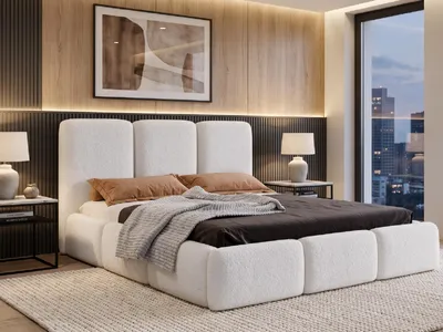 Produktbild von Polsterbett 180x200 cm mit Bettkasten VARDO, Stauraum und Metall-Lattenrost – Bouclé Stoff Weiß
