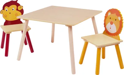 Produktbild von Ginger Home Kindertisch mit 2 Stühlen, Set aus Holz, Lern- und Spieltisch für Kinder, ANIMALS, Kindermöbel