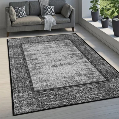 A living room scene with a sofa and a rug.