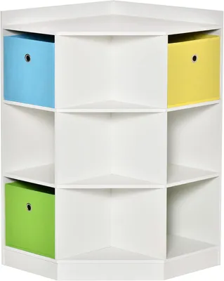 Produktbild von Kinderecke-Regal – Eckregal – Aufbewahrungsbox – Spielzeugregal – Kinderbuchregal – 9 Fächer mit 3 Stoffbehältern