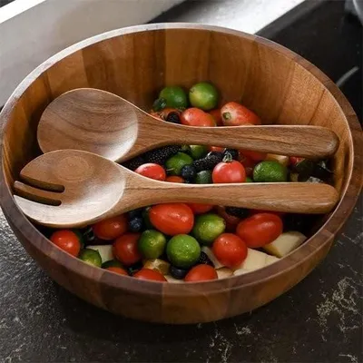 Produktbild von Salatschüssel aus Holz, 30 cm, Salatschüssel-Set aus Akazienholz, große Salatschüssel mit Besen, 3-teiliges Salatschüssel-Set
