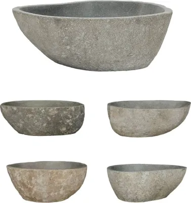 A collage of five stone sinks, with one large sink at the top and four smaller sinks arranged below.