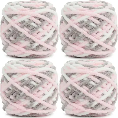 Immagine prodotto di Filato Chenille-Garn, confezione da 4 gomitoli da 95g ciascuno, spessore 7mm, effetto peloso, colore rosa chiaro e marrone